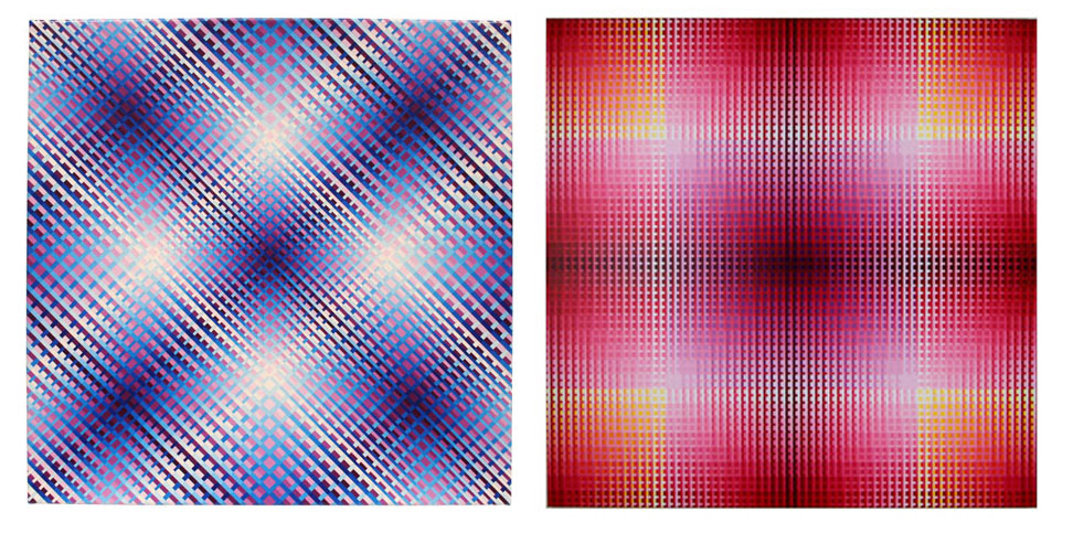 Left: “#403 Blue-Violet,” 2008, acrylic on canvas, 20 x 20 inches Right: Red-Violet-Yellow, 2010, 50"x50" acrylic on canvas, 50 x 50 inches  