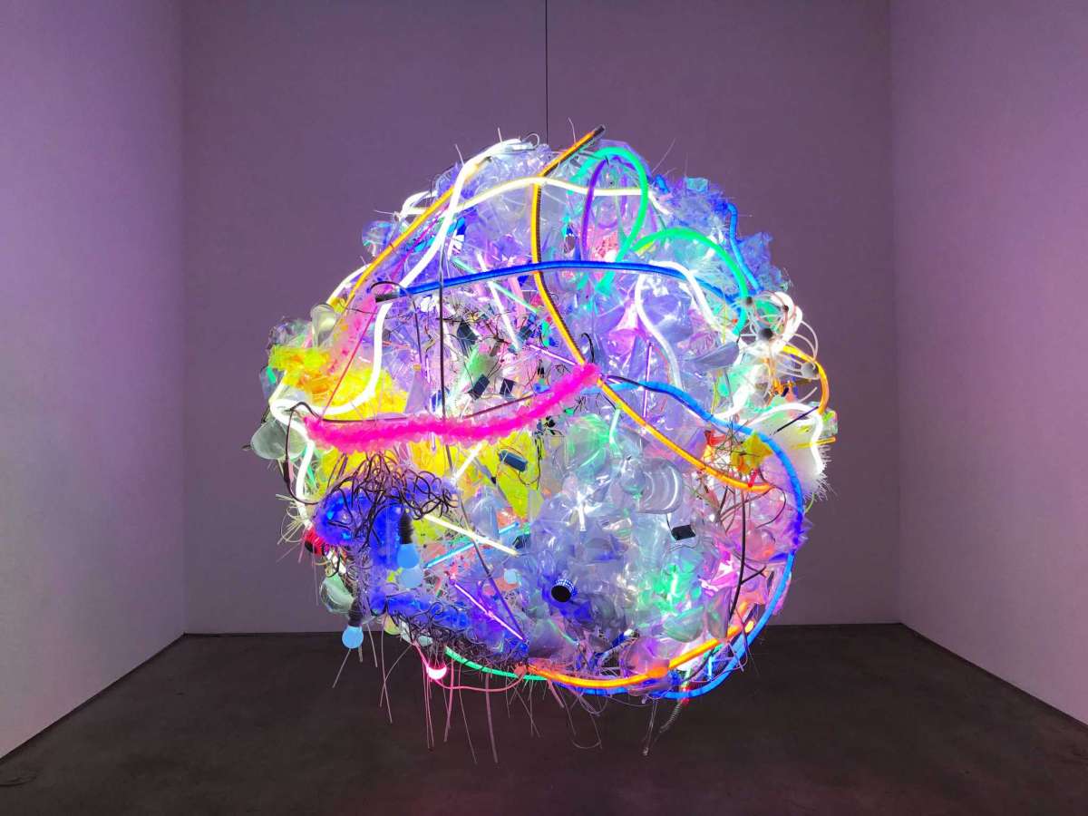 Adela Andea's "A.57" is composed of LED lights, CCFL lights, Flex neon, various plastics and a power source on a steel frame. It's on view in her show "Glacial Parallax" at Anya Tish Gallery.