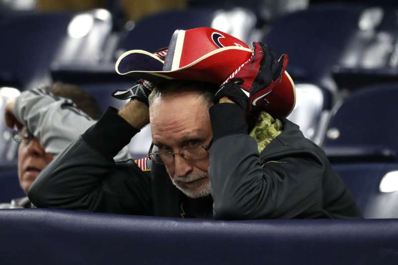 Houston Texans fan Chris Lockeridge reacts in the final minutes of the Texans 21-14 loss to the New York Jets during the second half of an NFL football game at NRG Stadium, Sunday, Nov. 28, 2021 in Houston.